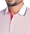 Puma Mens MATTR Elevated Stripe Golf Polo in Red Fire / Deep Navy  - closeup of tipped collar and 3 button placket 