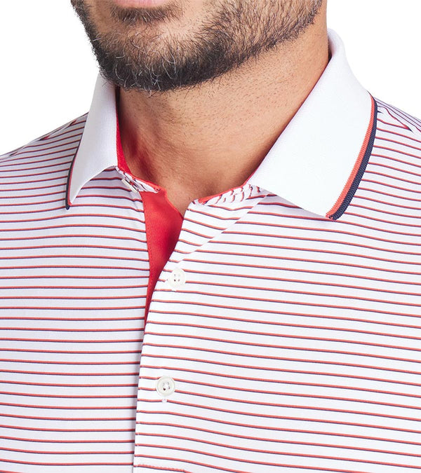 Puma Mens MATTR Elevated Stripe Golf Polo in Red Fire / Deep Navy  - closeup of tipped collar and 3 button placket 