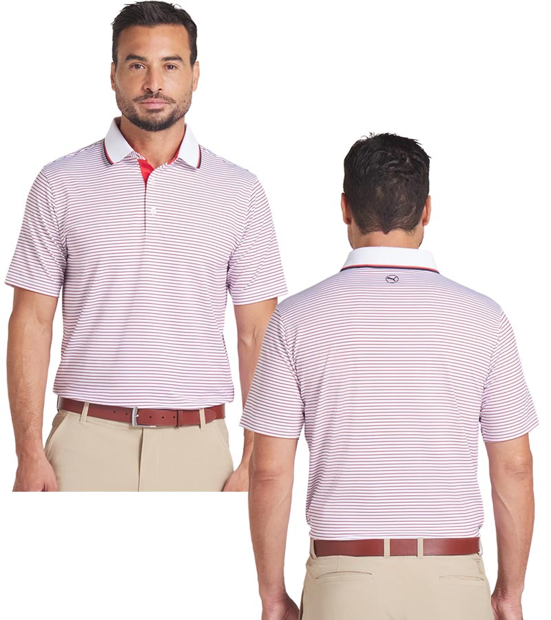 Puma Mens MATTR Elevated Stripe Golf Polo in  Red Fire / Deep Navy  - partial model front and back views