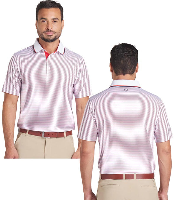 Puma Mens MATTR Elevated Stripe Golf Polo in  Red Fire / Deep Navy  - partial model front and back views
