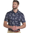 Puma Mens MATTR Flock Golf Polo Model Front in Deep Navy / Pele Yellow in a duck wild life print on navy.