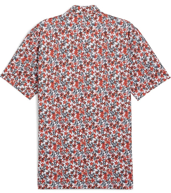 Puma Mens MATTR Lillie Golf Polo shirt back in Intense Red / Silver Sky with a little lilies all-over floral print.