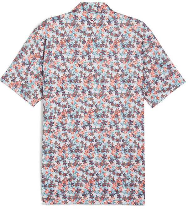 Puma Mens MATTR Lillie Golf Polo shirt back in Redmazing / Silver Sky with a little lilies all-over floral print.