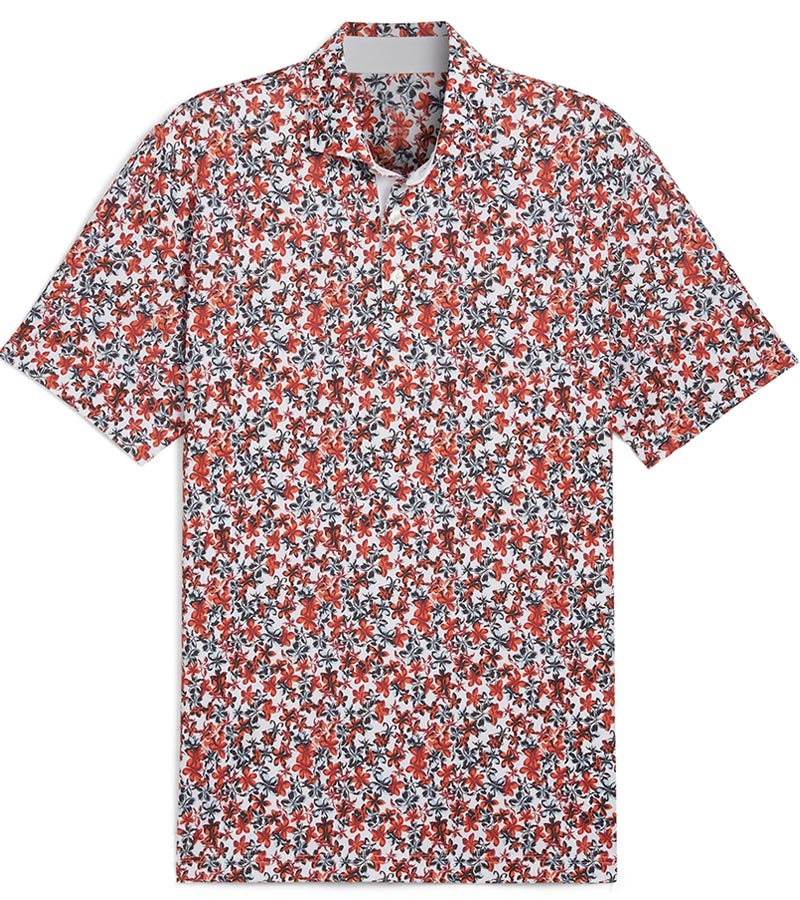 Puma Mens MATTR Lillie Golf Polo shirt Front in Intense Red / Silver Sky with a little lilies all-over floral print.