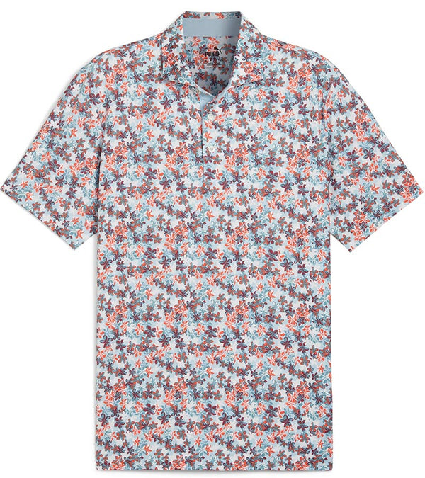 Puma Mens MATTR Lillie Golf Polo shirt Front in Redmazing / Silver Sky with a little lilies all-over floral print.