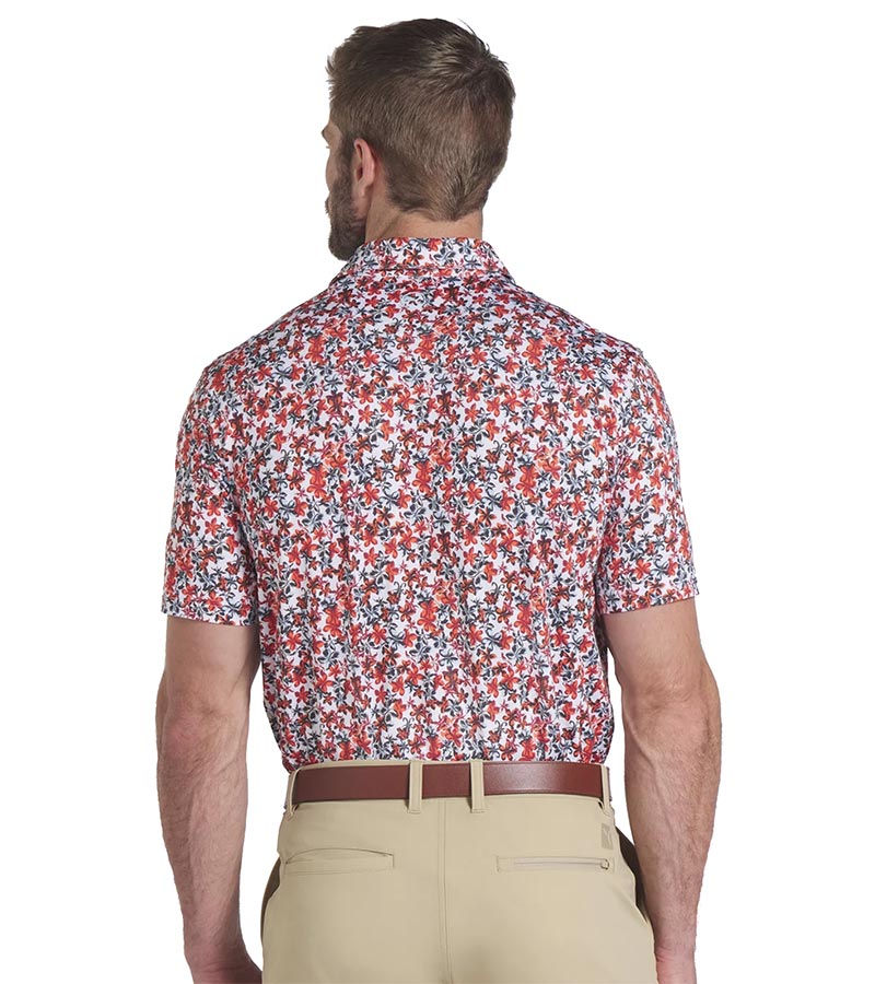 Puma Mens MATTR Lillie Golf Polo shirt Model back in Intense Red / Silver Sky with a little lilies all-over floral print.