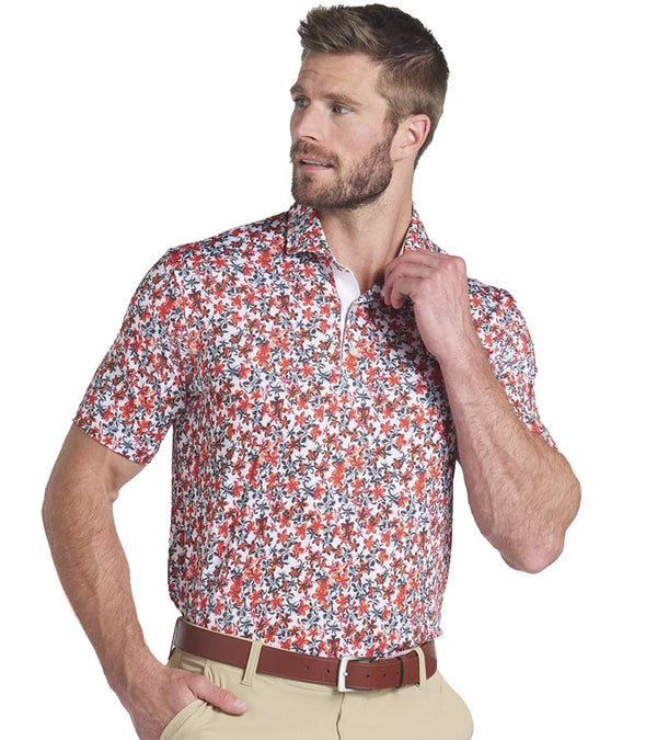 Puma Mens MATTR Lillie Golf Polo shirt Model Front in Intense Red / Silver Sky with a little lilies all-over floral print.