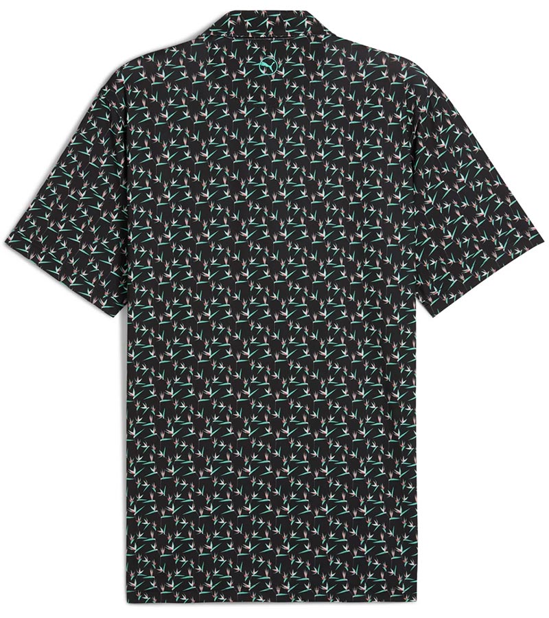 Puma Mens MATTR Paradise Golf Polo back in Puma Black / Aquatic with a with an  all-over pattern floral of little birds of paradise flowers with contrast color accent  inside collar and button 