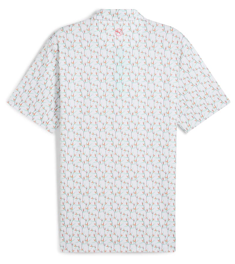 Puma Mens MATTR Paradise Golf Polo back in White Glow / Aquatic with a with an  all-over pattern floral of little birds of paradise flowers with contrast color accent  inside collar and button 