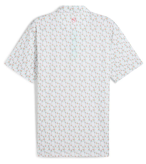 Puma Mens MATTR Paradise Golf Polo back in White Glow / Aquatic with a with an  all-over pattern floral of little birds of paradise flowers with contrast color accent  inside collar and button 