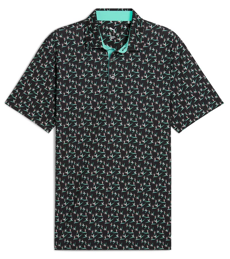 Puma Mens MATTR Paradise Golf Polo Front in Puma Black / Aquatic with a with an  all-over pattern floral of little birds of paradise flowers with contrast color accent  inside collar and button placket.