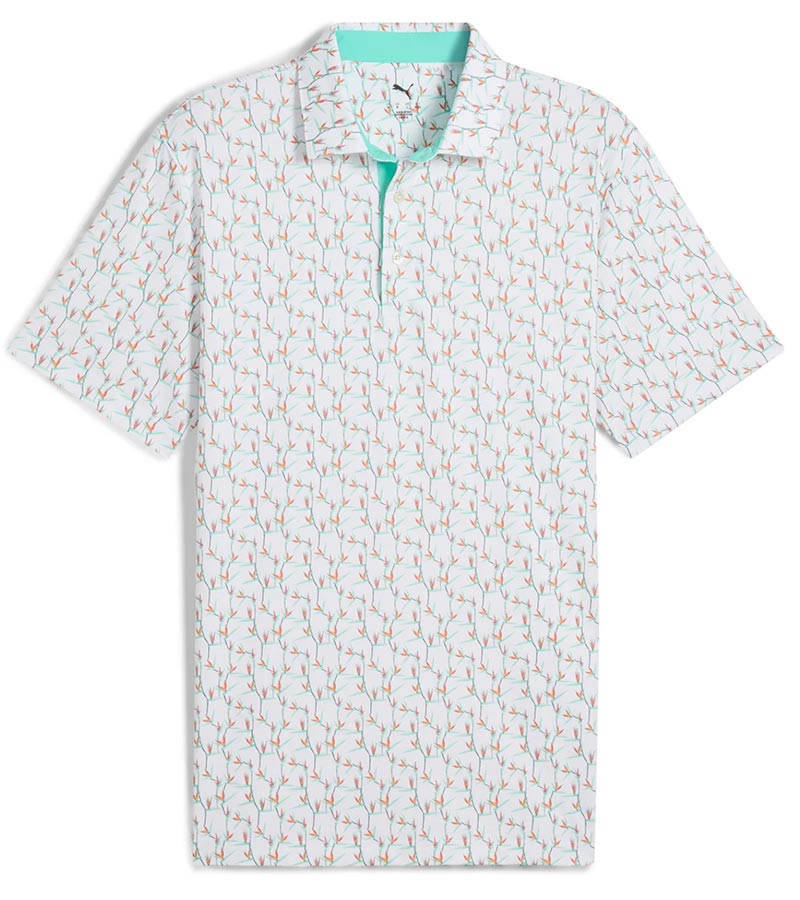 Puma Mens MATTR Paradise Golf Polo Front in White Glow / Aquatic with a with an  all-over pattern floral of little birds of paradise flowers with contrast color accent  inside collar and button 