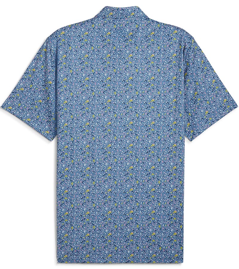 Puma Mens MATTR Soto Golf Polo Shirt back in Blue Horizon / Pele Yellow with a tiny all-over floral print.