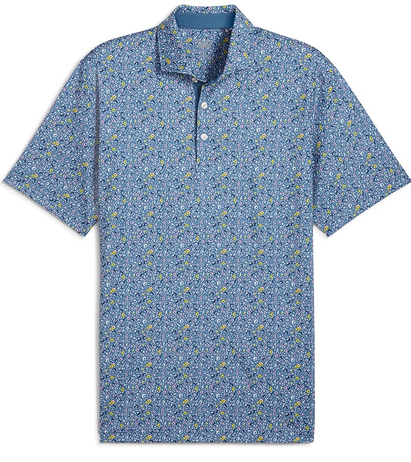 Puma Mens MATTR Soto Golf Polo Shirt Front in Blue Horizon / Pele Yellow with a tiny all-over floral print.