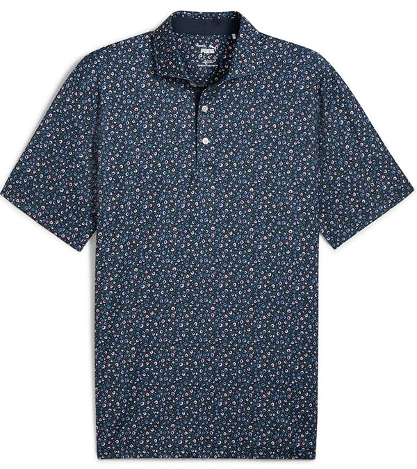 Puma Mens MATTR Soto Golf Polo Shirt Front in Deep Navy / Mauved Out with a tiny all-over floral print.