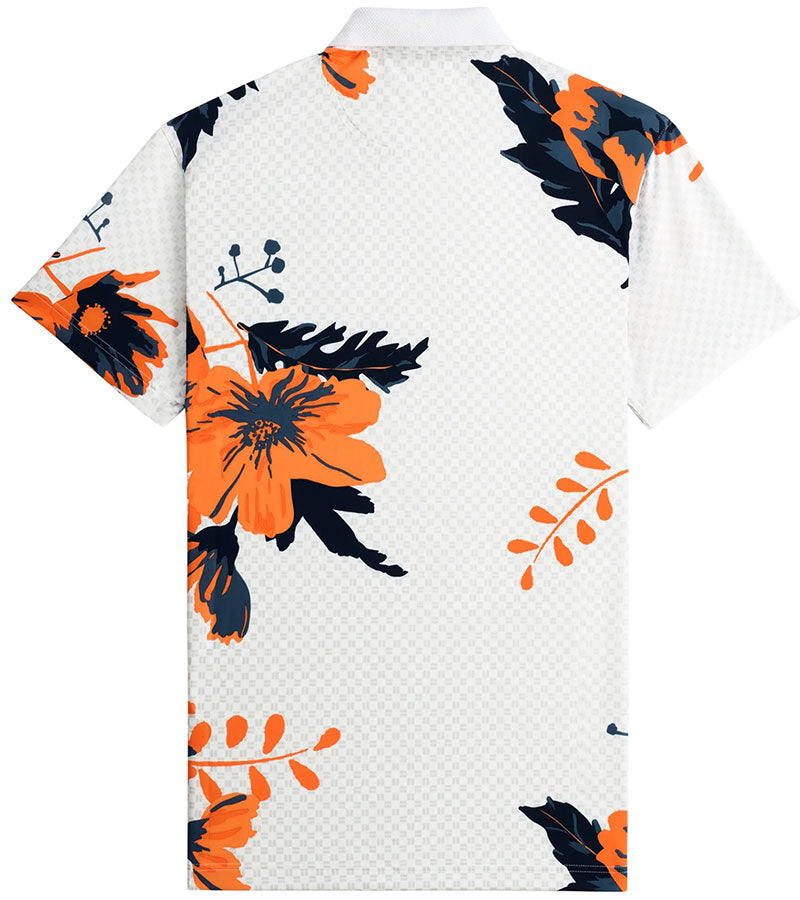 Puma Mens MATTR Terrance Golf Polo Shirt -back- in White Glow / Rickie Orange with a widely spaced group of tropical flowers & leaves on a small set geometric white on white background.