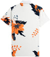 Puma Mens MATTR Terrance Golf Polo Shirt -back- in White Glow / Rickie Orange with a widely spaced group of tropical flowers & leaves on a small set geometric white on white background.