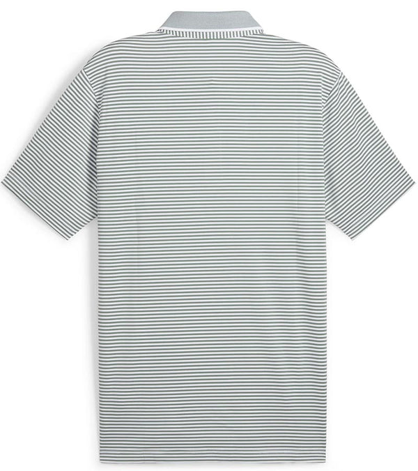 Puma Mens AP MATTR Traditions Golf Polo Shirt -back in White Glow / Eucalyptus with a thin light/dark  horizontal stripe pattern, accent color on the inside of the collar. 3 button placket.