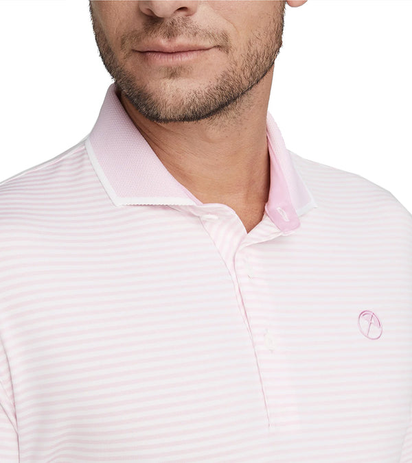 Puma Mens AP MATTR Traditions Golf Polo Shirt closeup of collar in Pale Pink / Bright White with a thin light/dark  horizontal stripe pattern, pink accent color on the inside of the collar. 3 button placket.