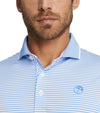 Puma Mens AP MATTR Traditions Golf Polo Shirt -closeup of collar in Regal Blue / White Glow with a thin light/dark  horizontal stripe pattern, pink accent color on the inside of the collar. 3 button placket.