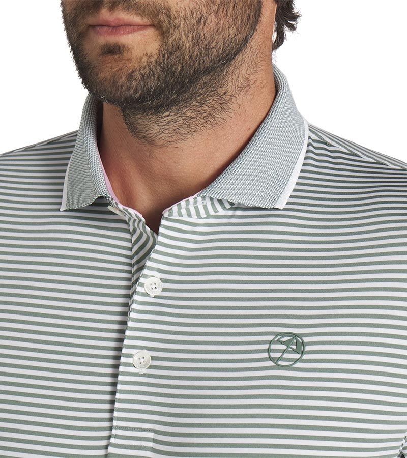 Puma Mens AP MATTR Traditions Golf Polo Shirt -close up of collar-in White Glow / Eucalyptus with a thin light/dark  horizontal stripe pattern, pink accent color on the inside of the collar. 3 button placket.