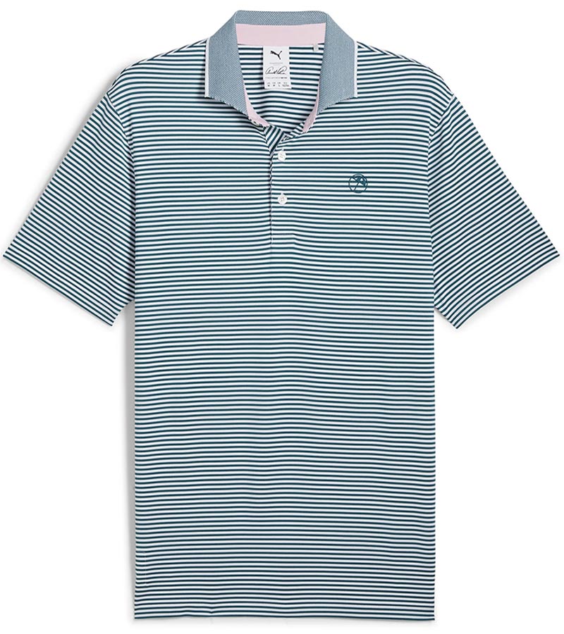 Puma Mens AP MATTR Traditions Golf Polo Shirt -front- in Cold Green / White Glow with a thin light/dark  horizontal stripe pattern, pink accent color on the inside of the collar. 3 button placket.