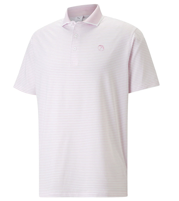 Puma Mens AP MATTR Traditions Golf Polo Shirt -front in Pale Pink / Bright White with a thin light/dark  horizontal stripe pattern, pink accent color on the inside of the collar. 3 button placket.