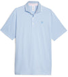 Puma Mens AP MATTR Traditions Golf Polo Shirt -front in Regal Blue / White Glow with a thin light/dark  horizontal stripe pattern, pink accent color on the inside of the collar. 3 button placket.