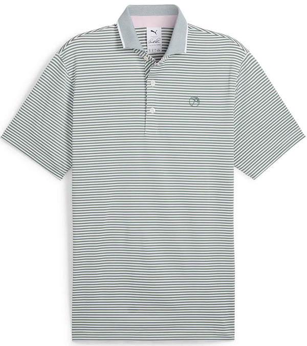 Puma Mens AP MATTR Traditions Golf Polo Shirt Front in White Glow / Eucalyptus with a thin light/dark  horizontal stripe pattern, accent color on the inside of the collar. 3 button placket.