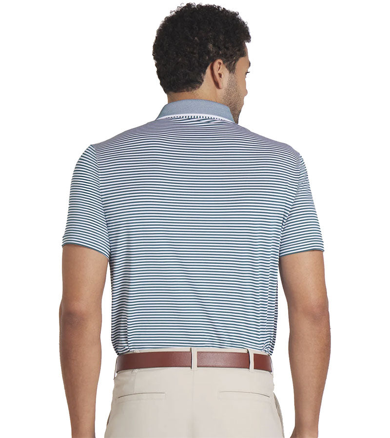 Puma Mens AP MATTR Traditions Golf Polo Shirt Model -back-
in Cold Green / White Glow with a thin light/dark  horizontal stripe pattern, pink accent color on the inside of the collar. 3 button placket.