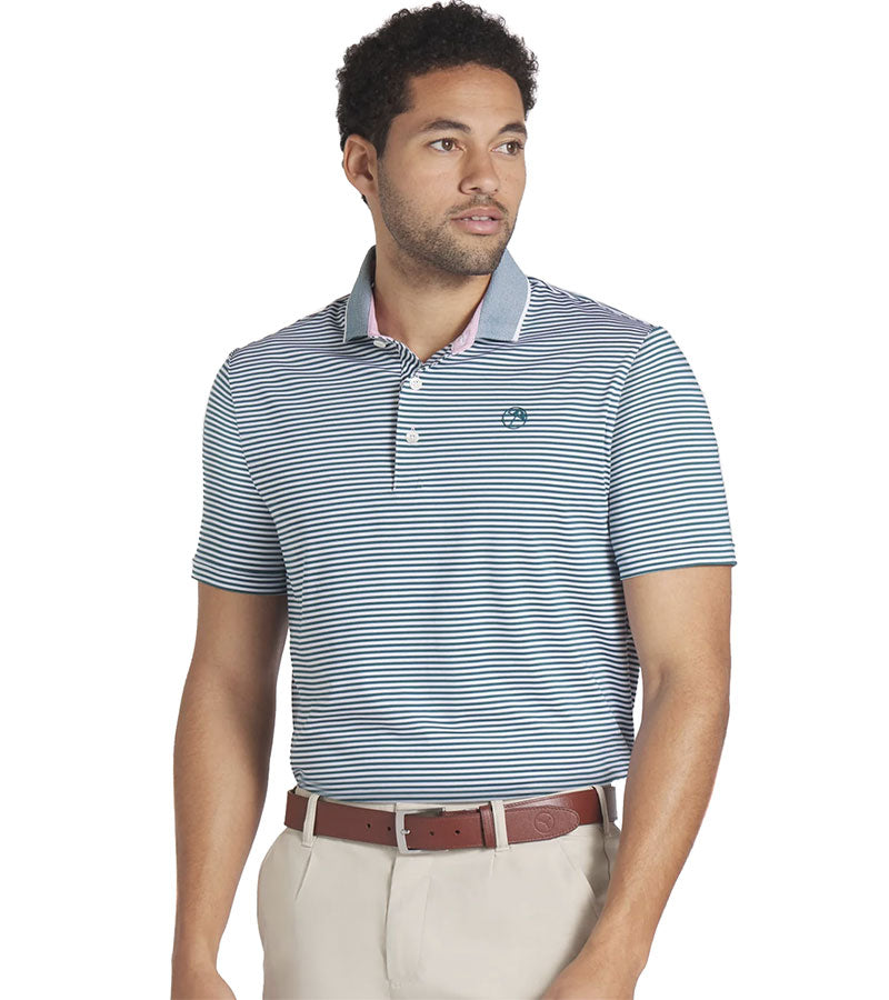 Puma Mens AP MATTR Traditions Golf Polo Shirt Model Front in Cold Green / White Glow with a thin light/dark  horizontal stripe pattern, pink accent color on the inside of the collar. 3 button placket.