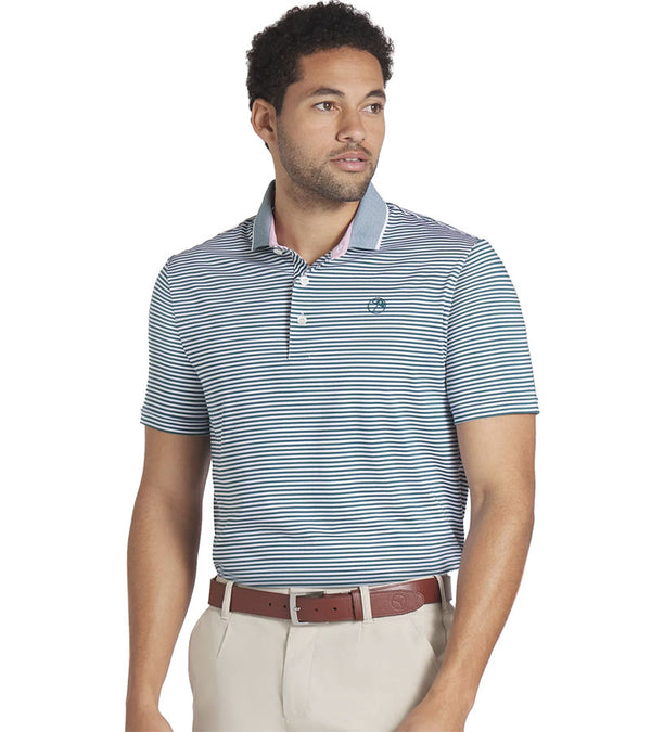 Puma Mens AP MATTR Traditions Golf Polo Shirt Model Front in Cold Green / White Glow with a thin light/dark  horizontal stripe pattern, pink accent color on the inside of the collar. 3 button placket.