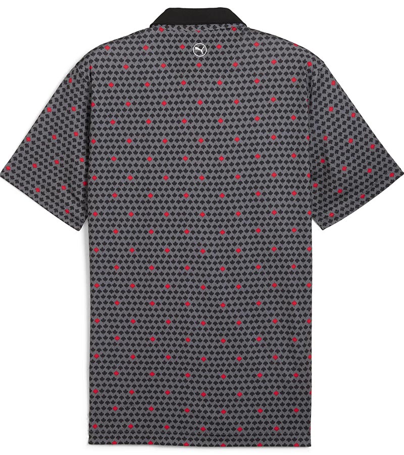 Puma Canada Maple AOP Golf Polo Shirt Back in Puma Black / Strong Red with a set design of small black maple leaves with evenly spaced red maple leaves. The inner collar and 3 button placket are red adding a stylish accent against the black collar.