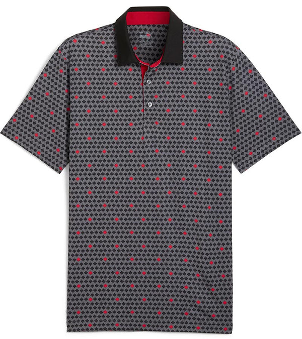 Puma Mens Canada Maple AOP Golf Polo Shirt Front Back in Puma Black / Strong Red with a set design of small black maple leaves with evenly spaced red maple leaves. The inner collar and 3 button placket are red adding a stylish accent against the black collar.