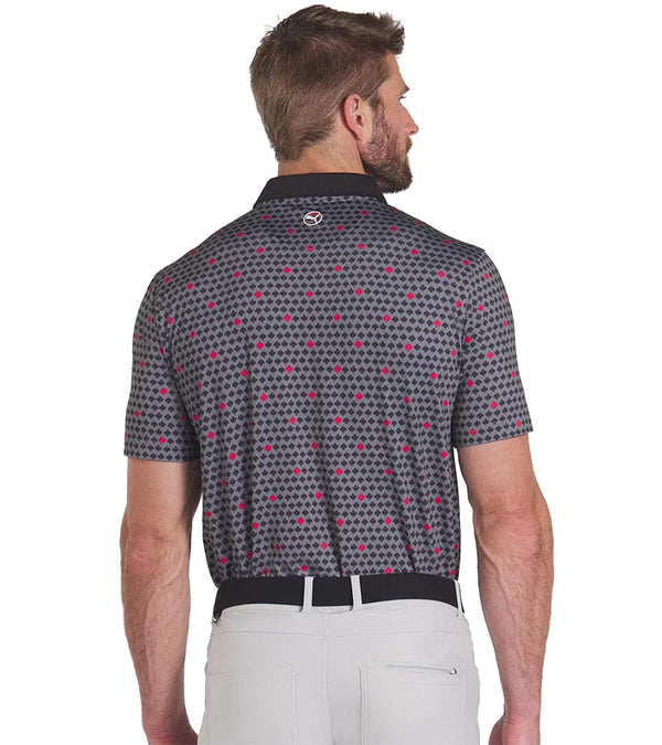 Puma Mens Canada Maple AOP Golf Polo Shirt Model Back Back in Puma Black / Strong Red with a set design of small black maple leaves with evenly spaced red maple leaves. The inner collar and 3 button placket are red adding a stylish accent against the black collar.