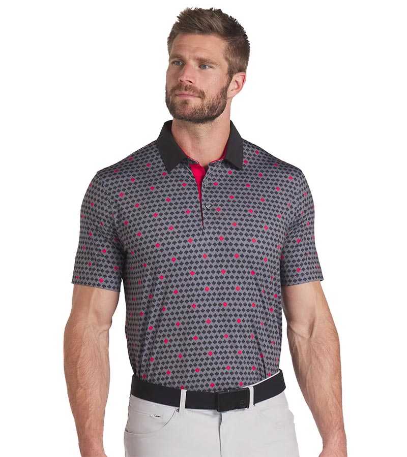 Puma Mens Canada Maple AOP Golf Polo Shirt Model Back in Puma Black / Strong Red with a set design of small black maple leaves with evenly spaced red maple leaves. The inner collar and 3 button placket are red adding a stylish accent against the black collar.