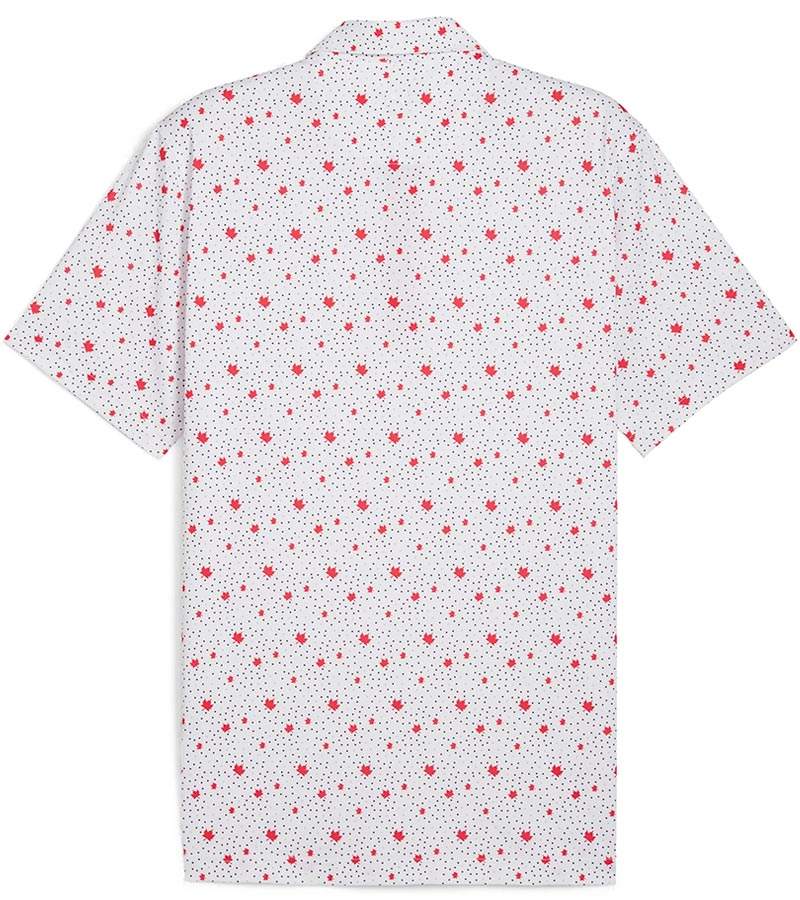 Puma Mens Canada Maple Dot X Golf Polo Shirt -back in White Glow / Strong Red with a spaced all-over design of small maples leaves floating over a white background with white & charcoal dots. The inner collar and inner placket of the 3 button placket are red adding a stylish accent.