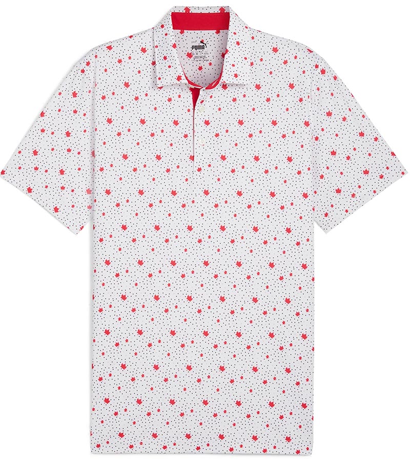 Puma Mens Canada Maple Dot X Golf Polo Shirt -front in White Glow / Strong Red with a spaced all-over design of small maples leaves floating over a white background with white & charcoal dots. The inner collar and inner placket of the 3 button placket are red adding a stylish accent.