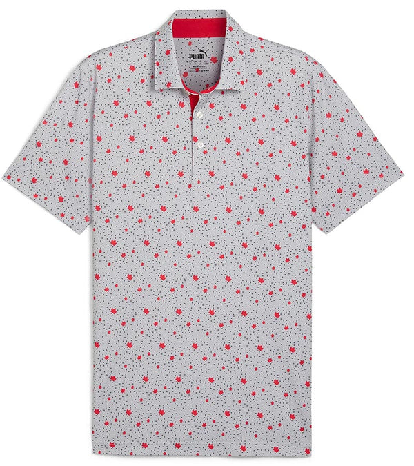 Puma Mens Canada Maple Dot Golf Polo Shirt -front in Ash Gray / Strong Red with a spaced all-over design of small maple leaves floating over a light grey background with white & charcoal dots. The inner collar and inner placket of the 3-button placket are red adding a stylish accent.