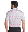 Puma Mens Canada Maple Dot Golf Polo Shirt Model Front in Ash Gray / Strong Red with a spaced all-over design of small maple leaves floating over a light grey background with white & charcoal dots. The inner collar and inner placket of the 3-button placket are red adding a stylish accent.