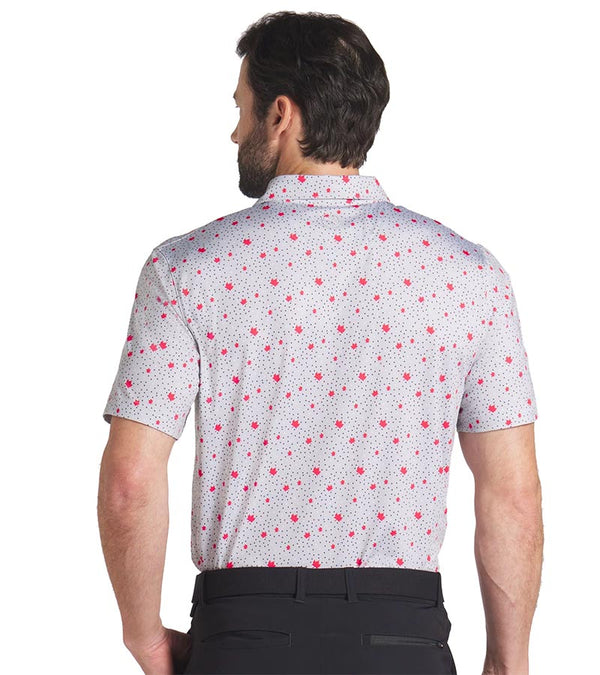 Puma Mens Canada Maple Dot Golf Polo Shirt Model Front in Ash Gray / Strong Red with a spaced all-over design of small maple leaves floating over a light grey background with white & charcoal dots. The inner collar and inner placket of the 3-button placket are red adding a stylish accent.