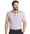 Puma Mens Canada Maple Dot Golf Polo Shirt Model Front in Ash Gray / Strong Red with a spaced all-over design of small maple leaves floating over a light grey background with white & charcoal dots. The inner collar and inner placket of the 3 button placket are red adding a stylish accent.