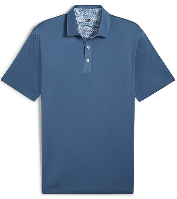 Puma Mens Fair Isle Trim Golf Polo Shirt Front in solid Blue Horizon with the geometric print from the Fair Isle Micro golf polo lining the entire inner and under section of the collar and 3 button placket for a distinctive accent to the shirt.