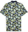 Puma Mens Pique Borrego Golf Polo Shirt back in Deep Navy / Silver Sky has a contemporary all-over floral pattern. The black collar with vibrant inner collar color of yellow and 3 button inner placket in yellow add a pop of coordinated color elevating the overall look.