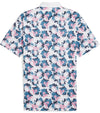 Puma Mens Pique Borrego Golf Polo Shirt back in White Glow / Blue Horizon  has a contemporary all-over floral pattern. The white collar with vibrant inner collar color of pink and 3 button inner placket in pink add a pop of co-ordinated color elevating the overall look.