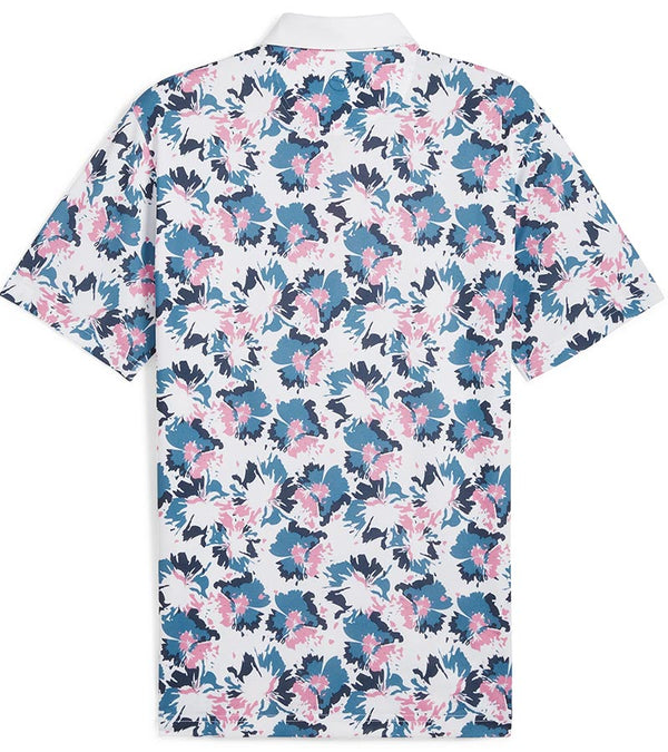 Puma Mens Pique Borrego Golf Polo Shirt back in White Glow / Blue Horizon  has a contemporary all-over floral pattern. The white collar with vibrant inner collar color of pink and 3 button inner placket in pink add a pop of co-ordinated color elevating the overall look.