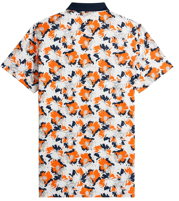 Puma Mens Pique Borrego Golf Polo Shirt back in White Glow / Rickie Orange has a contemporary all-over floral pattern. The black collar with the vibrant inner collar color of orange and 3 button inner placket in orange add a pop of coordinated color elevating the overall look.