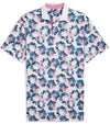 Puma Mens Pique Borrego Golf Polo Shirt front in White Glow / Blue Horizon  has a contemporary all-over floral pattern. The white collar with vibrant inner collar color of pink and 3 button inner placket in pink add a pop of co-ordinated color elevating the overall look.