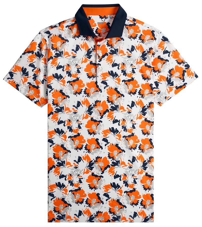 Puma Mens Pique Borrego Golf Polo Shirt front in White Glow / Rickie Orange has a contemporary all-over floral pattern. The black collar with vibrant inner collar color of orange and 3 button inner placket in orange add a pop of coordinated color elevating the overall look.