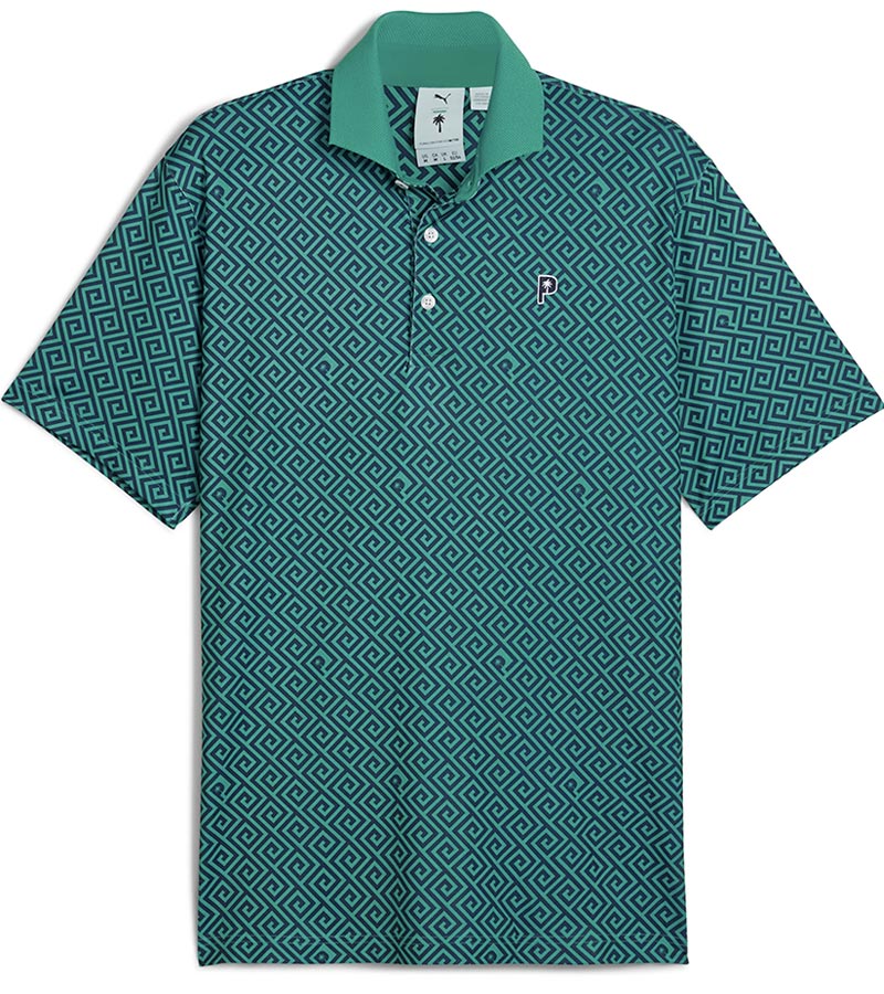 Puma Mens x PTC Resort Golf Polo Shirt  - front in Deep Navy / Sparkling Green has an all-over Greek key design, white piping along the collar’s edge with a solid coordinated Sparkling Green color on the inner collar and a 3 button placket. 